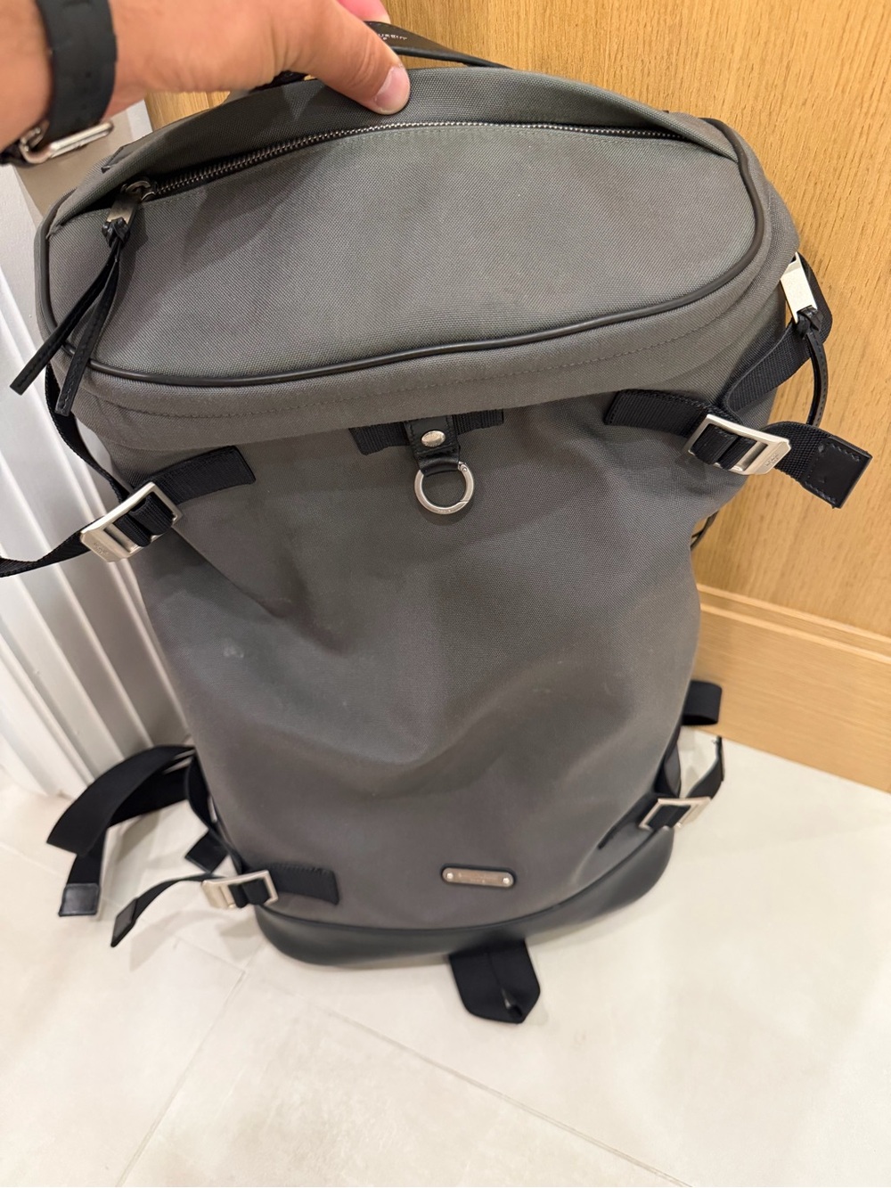 Saint Laurent Gray Roll-Top Backpack with Silver Hardware